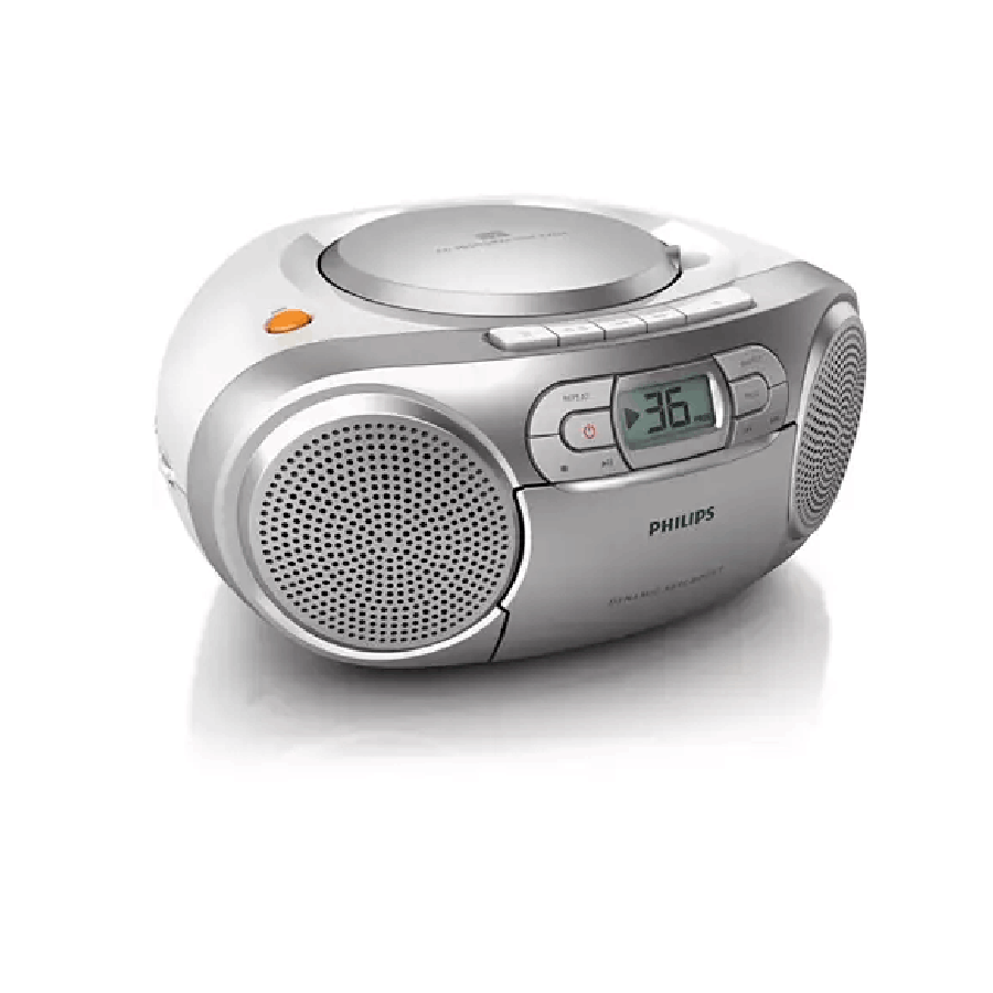 Reproductor de discos compactos blanco y plateado con altavoces y controles.