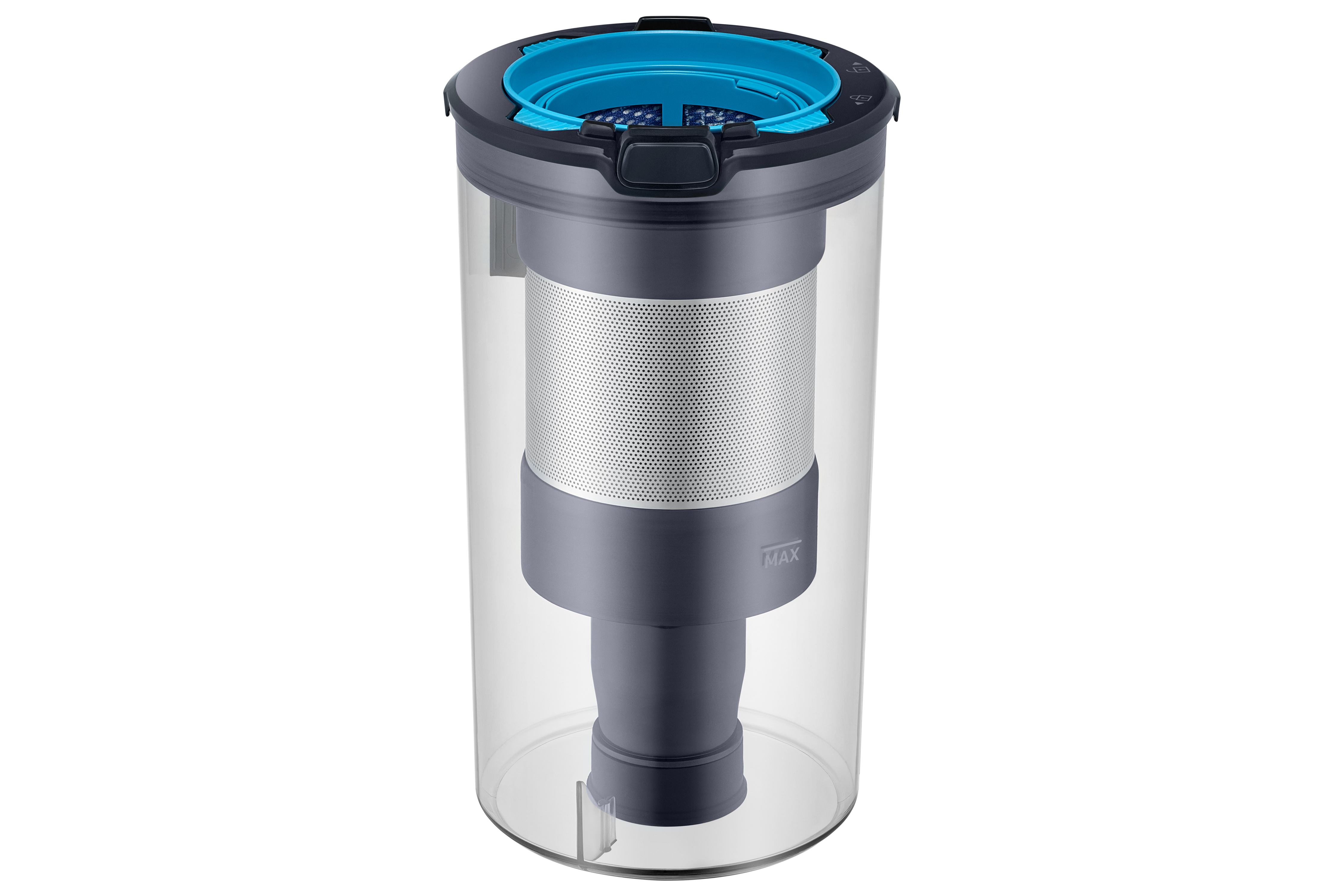 Contenedor de polvo de aspiradora en plástico transparente, con tapa azul y filtro gris en el interior.