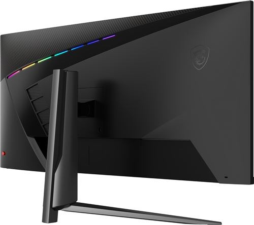 Moniteur d'ordinateur noir incurvé avec support, montrant son dos et un éclairage RVB.