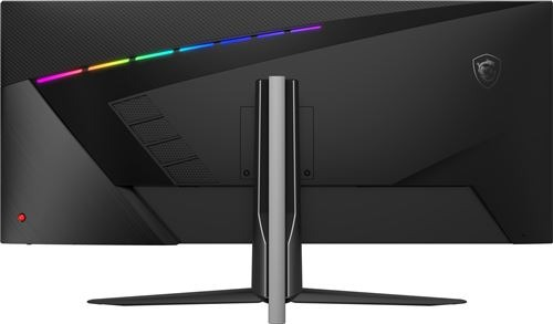 Vue arrière d'un moniteur d'ordinateur noir avec éclairage RVB et un support.
