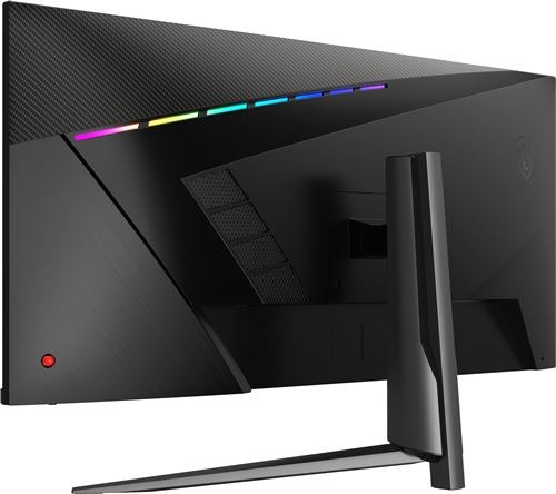 Moniteur d'ordinateur noir incliné, montrant l'arrière avec lumières, logo et support.