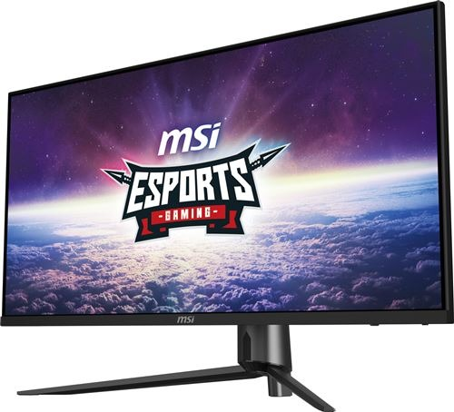 Un moniteur de jeu MSI Esports noir avec une base incurvée, affichant une scène de jeu colorée.