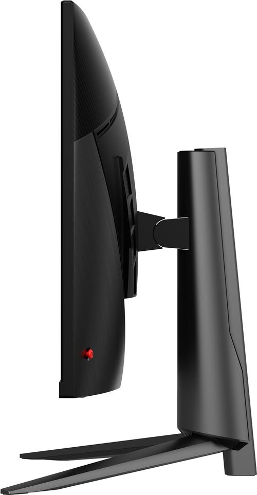 Vue latérale d'un moniteur noir avec bouton d'alimentation rouge et support.