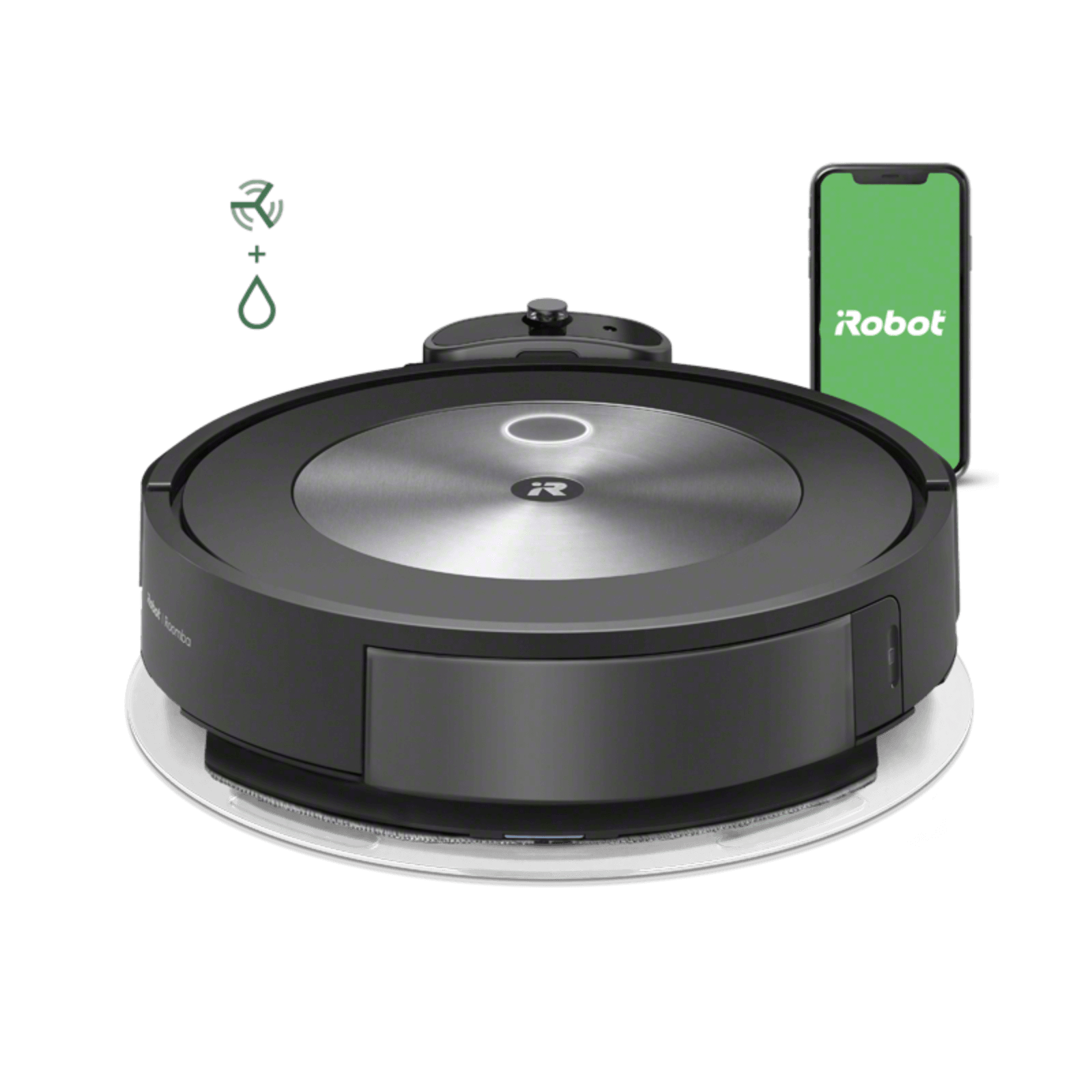 Czarny robot odkurzający i zielony ekran smartfona z logo iRobot.