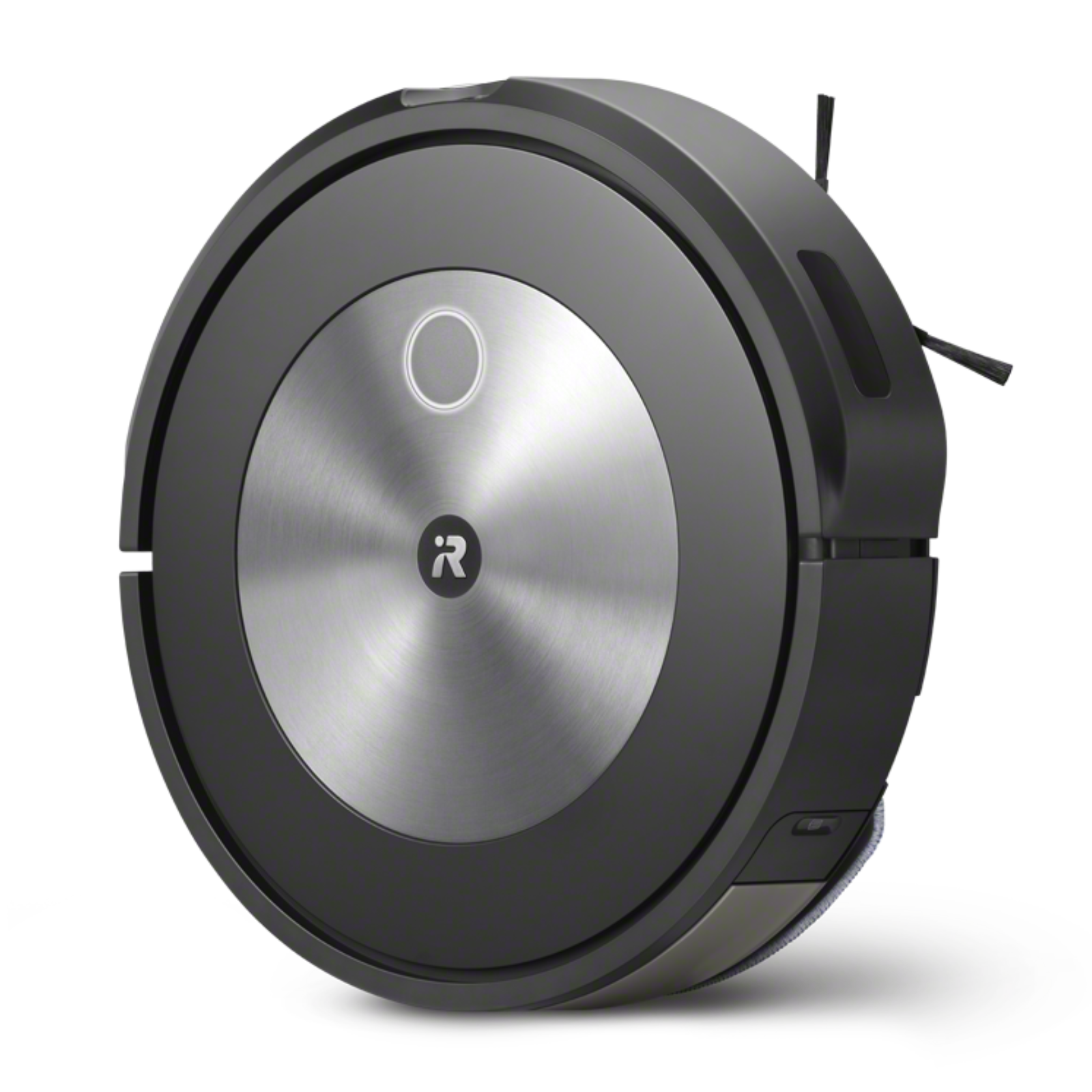 Czarny, okrągły odkurzacz robot jest pokazany z góry.