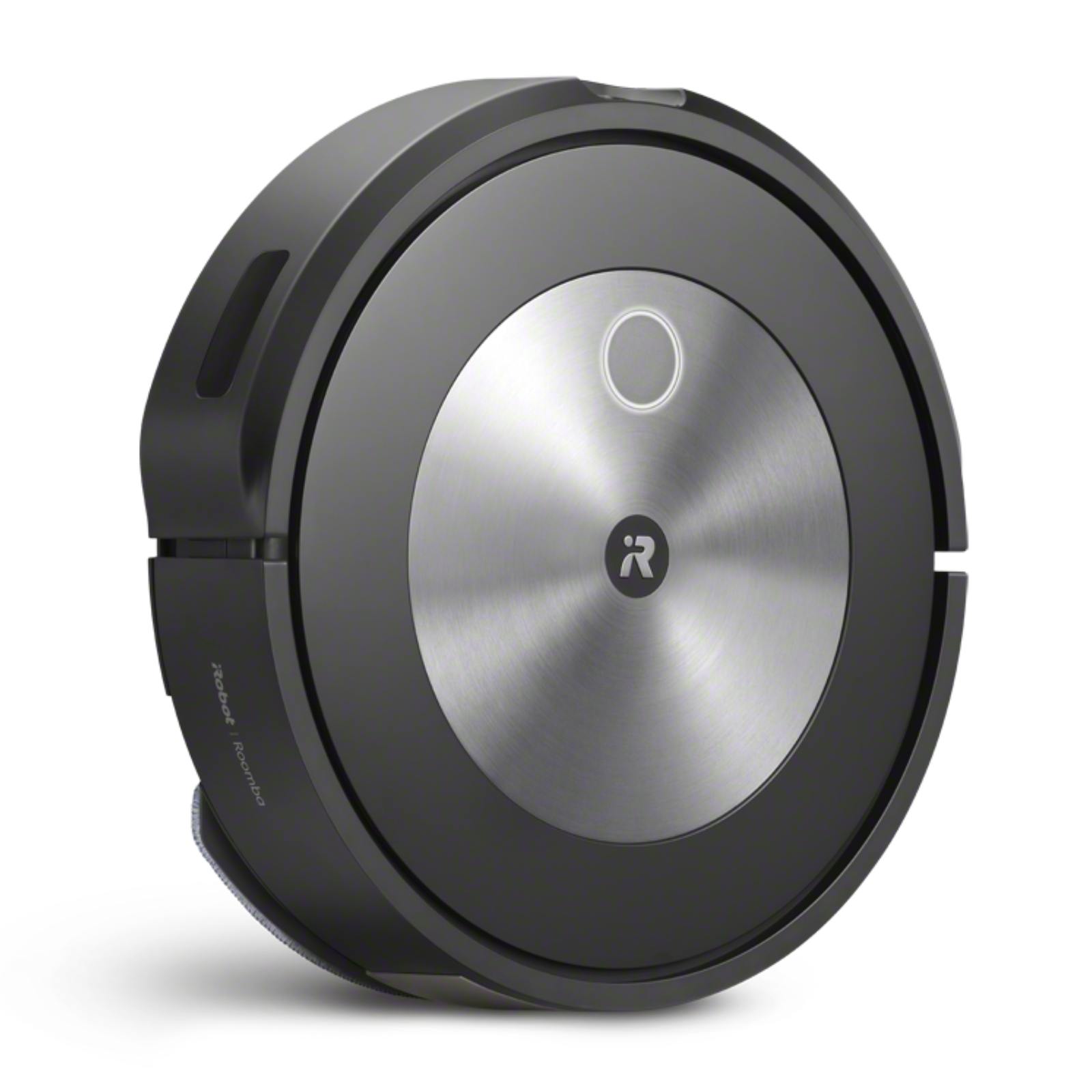 Okrągły, czarny odkurzacz robot Roomba, ze srebrnym środkiem i przyciskiem zasilania.