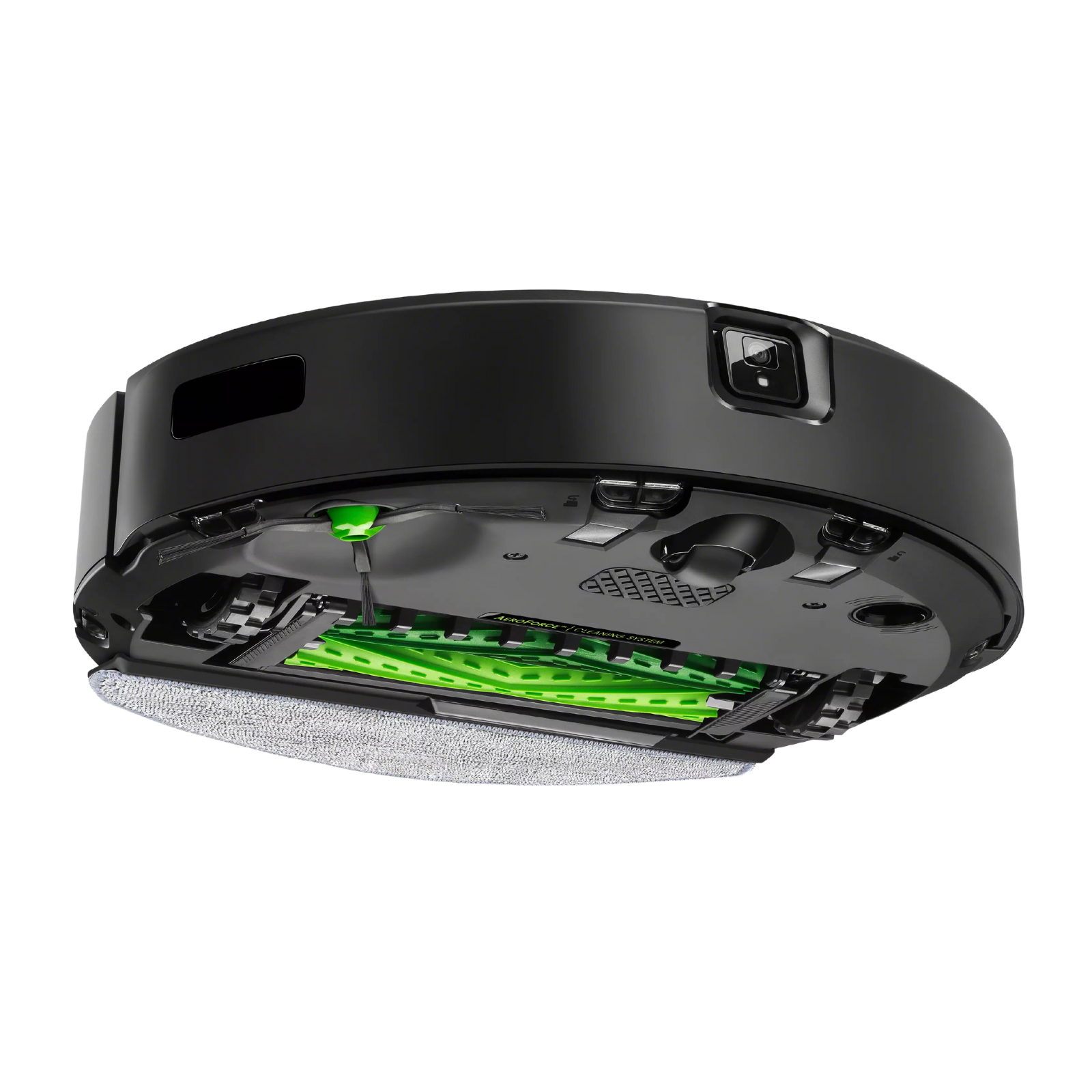 Czarny odkurzacz robot Roomba, widok od spodu pokazujący szczotki i nakładkę czyszczącą.