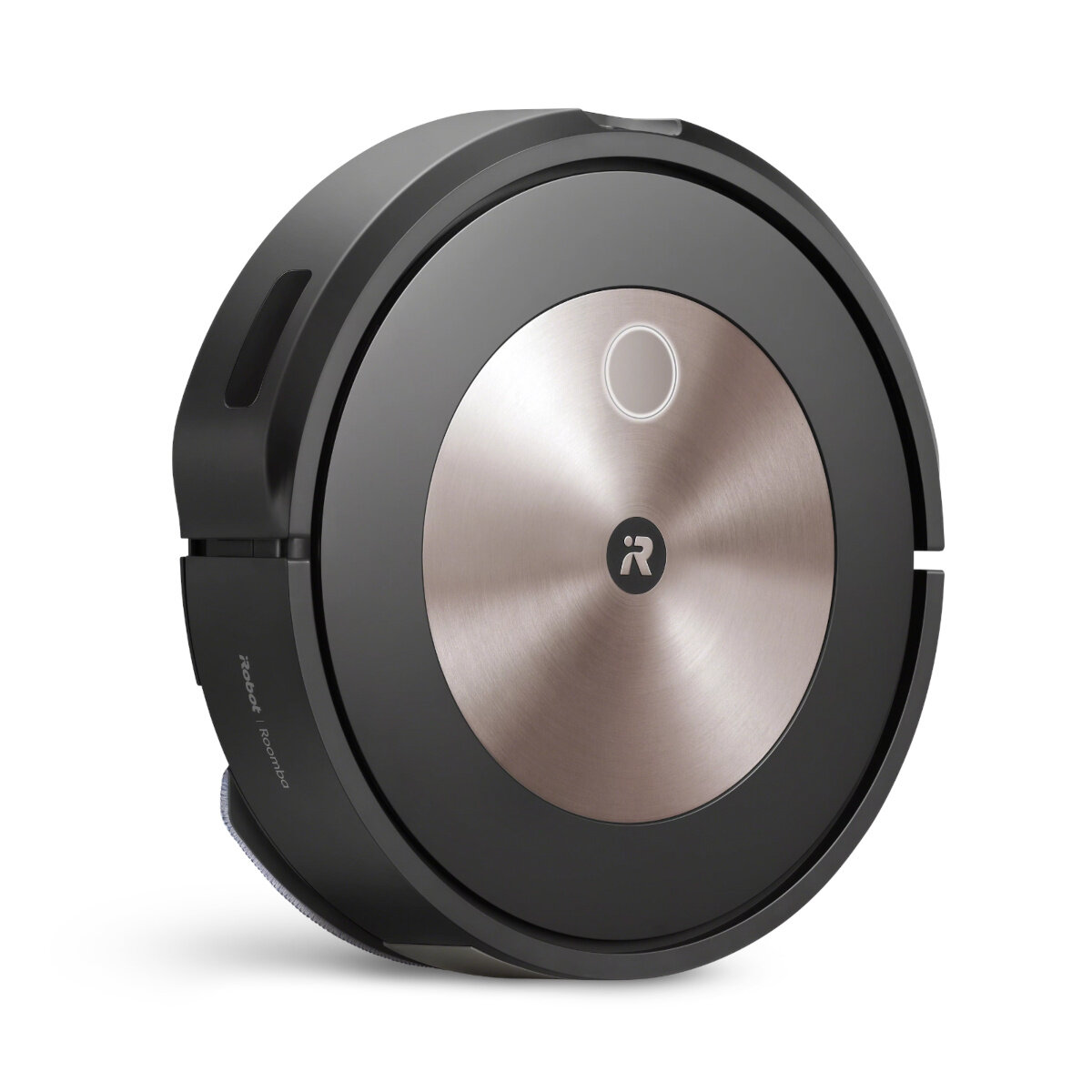 Okrągły, czarno-srebrny odkurzacz robot Roomba. Posiada przycisk zasilania i logo.