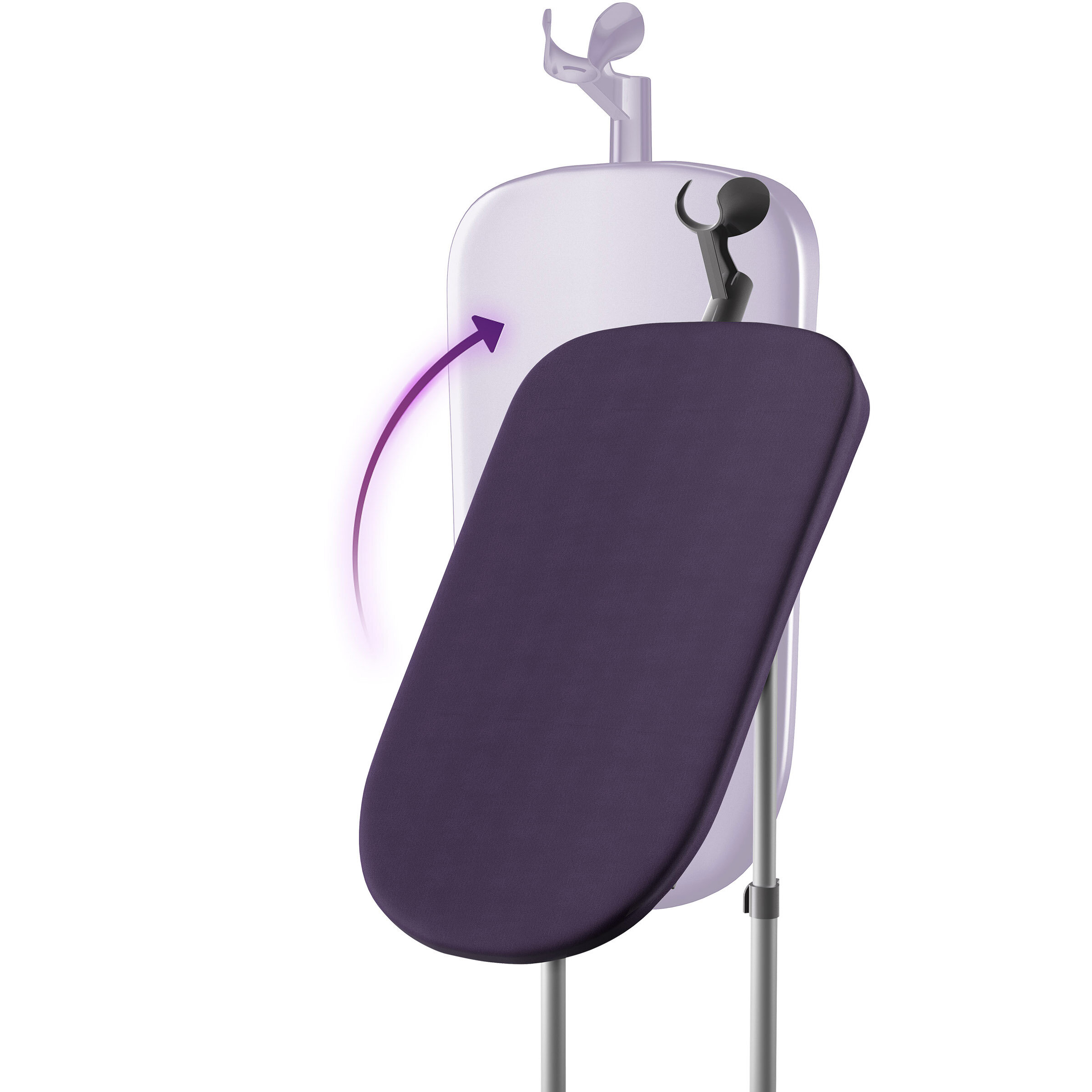 Fioletowa deska do prasowania przymocowana do białego stojaka, ze strzałką.