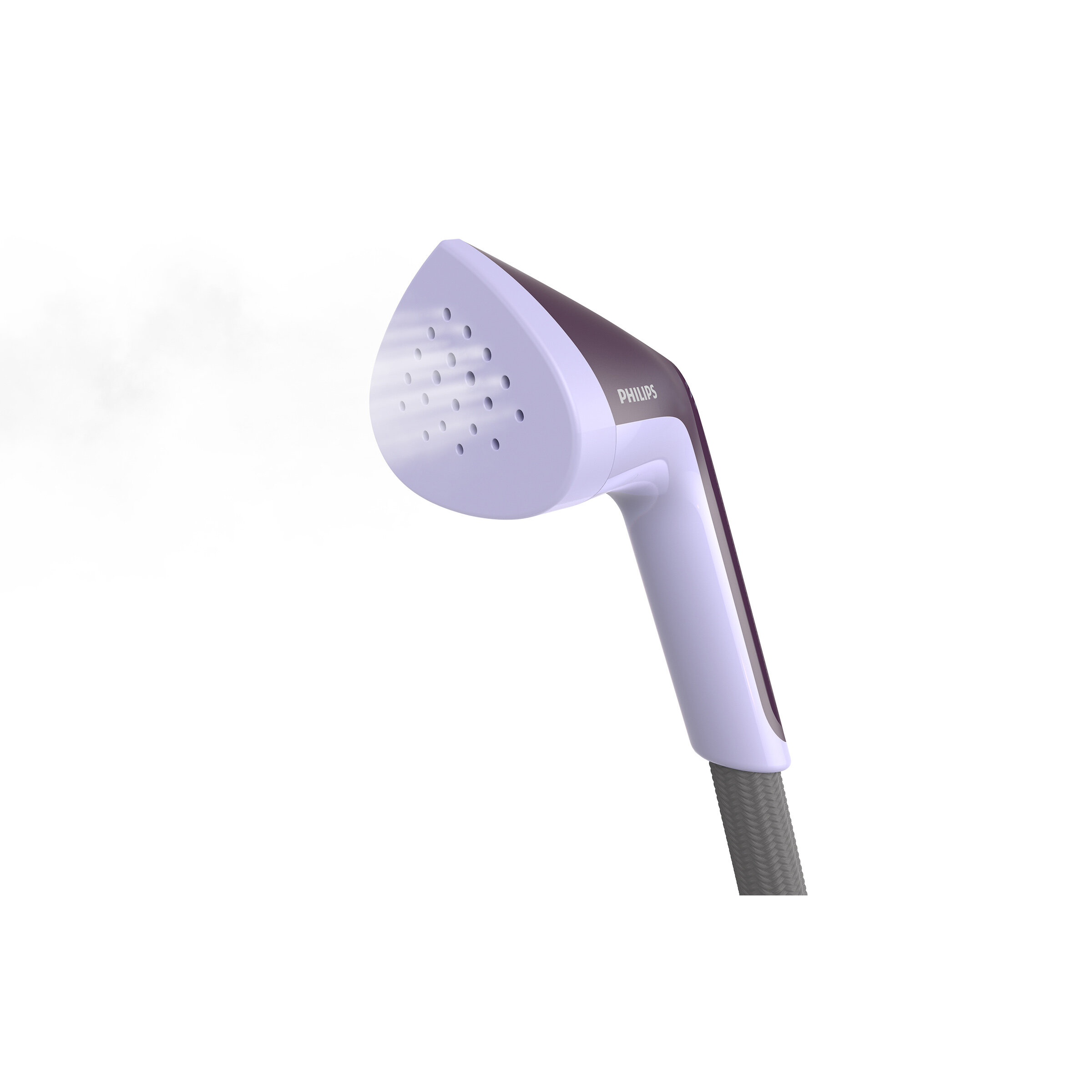 Ręczny parownik, biało-fioletowy. Para wydobywa się z głowicy.