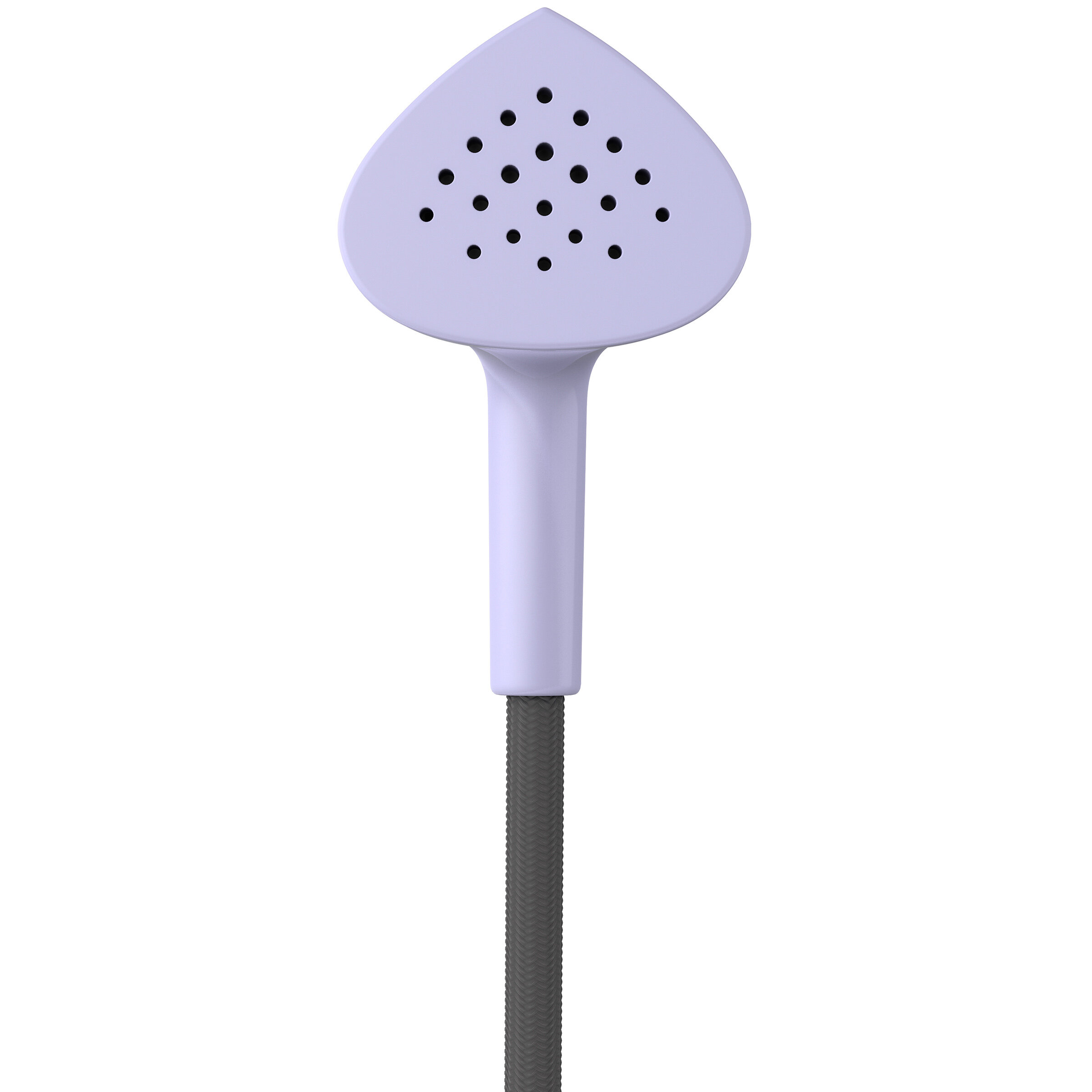 Biała i lawendowa głowica prysznicowa w kształcie serca z małymi czarnymi otworami.