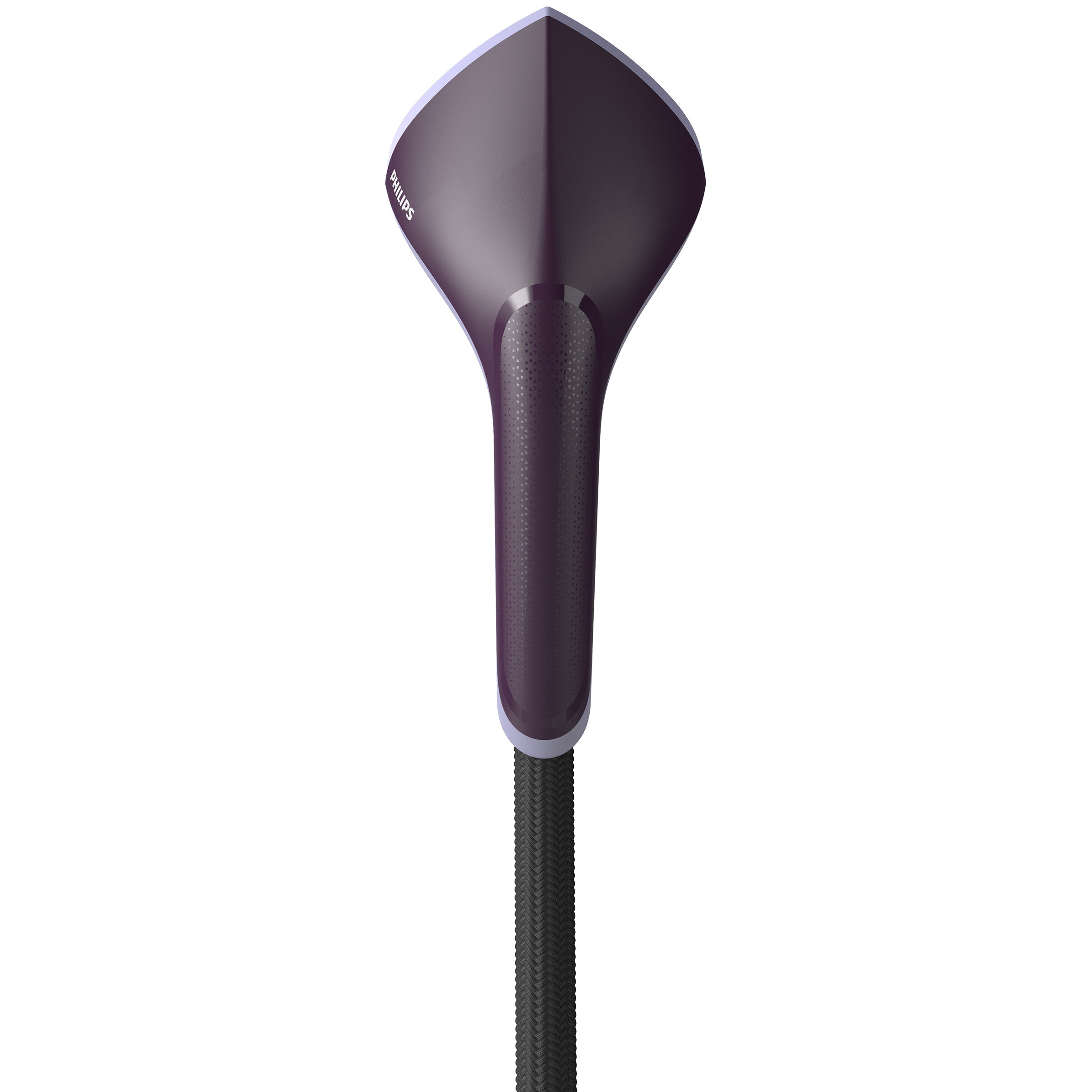 Fioletowa parownica do ubrań. Górna część jest fioletowa z otworami, a uchwyt czarny.