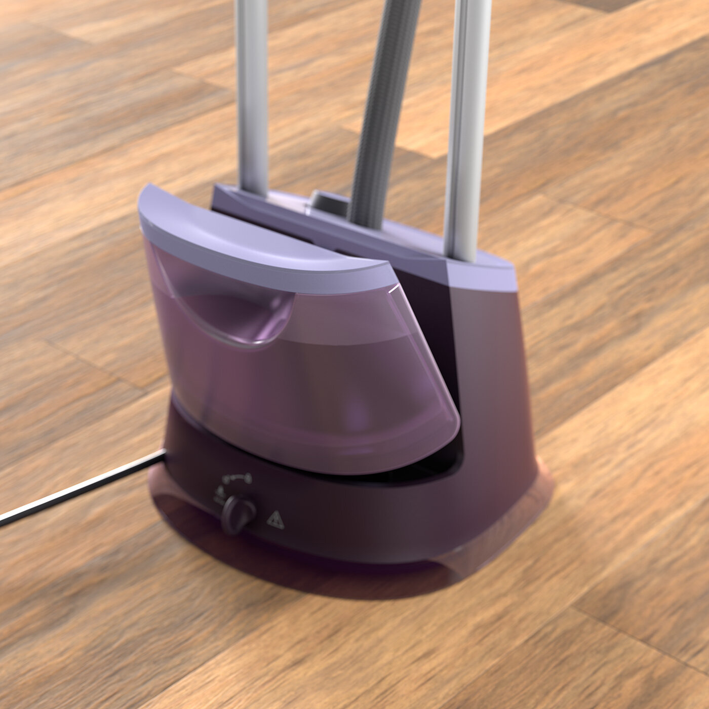 Fioletowo-biały odkurzacz parowy na drewnianej podłodze, ze zbiornikiem na wodę i przyciskami sterowania.