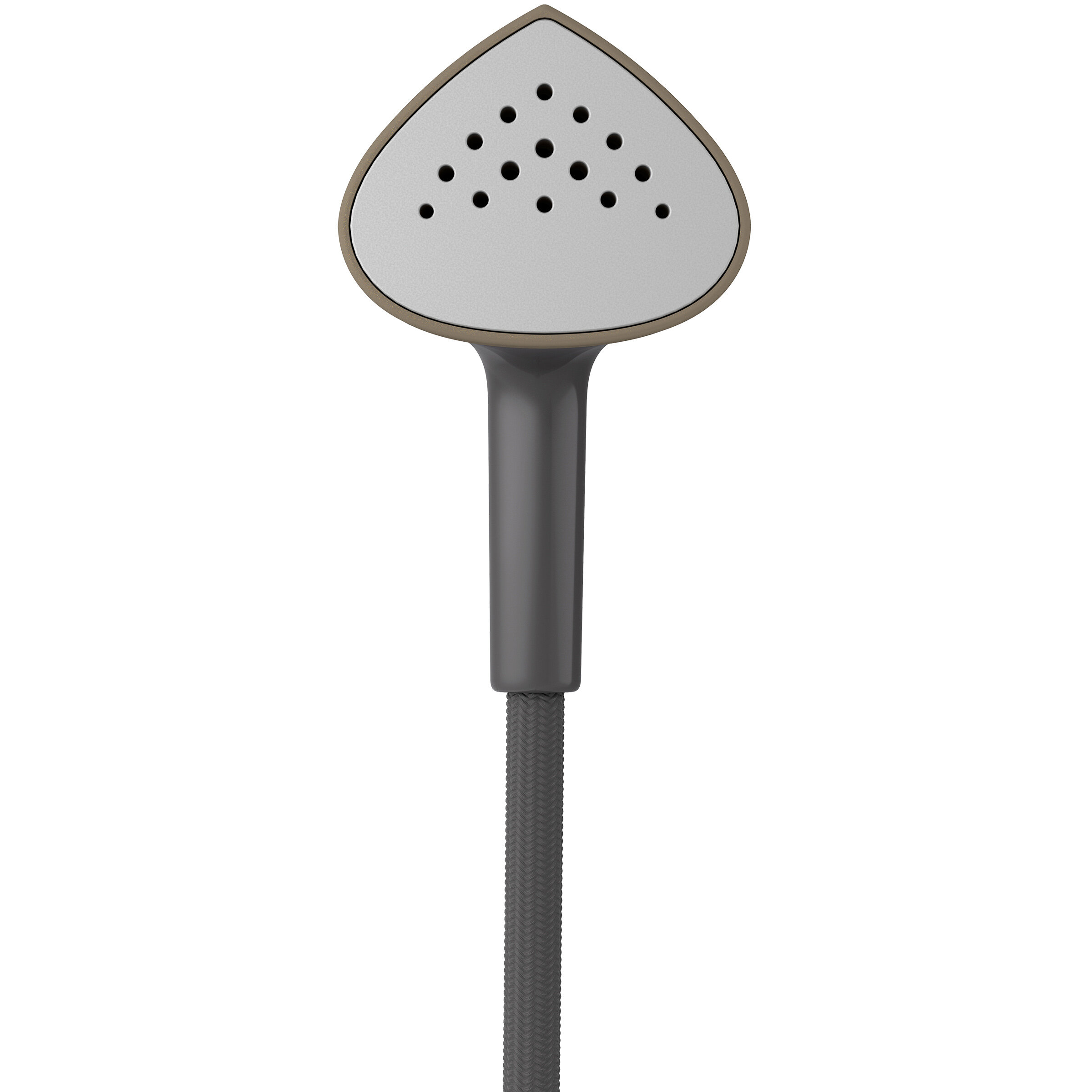 Biało-szara parownica do odzieży z trójkątną głowicą i szarym uchwytem i kablem.