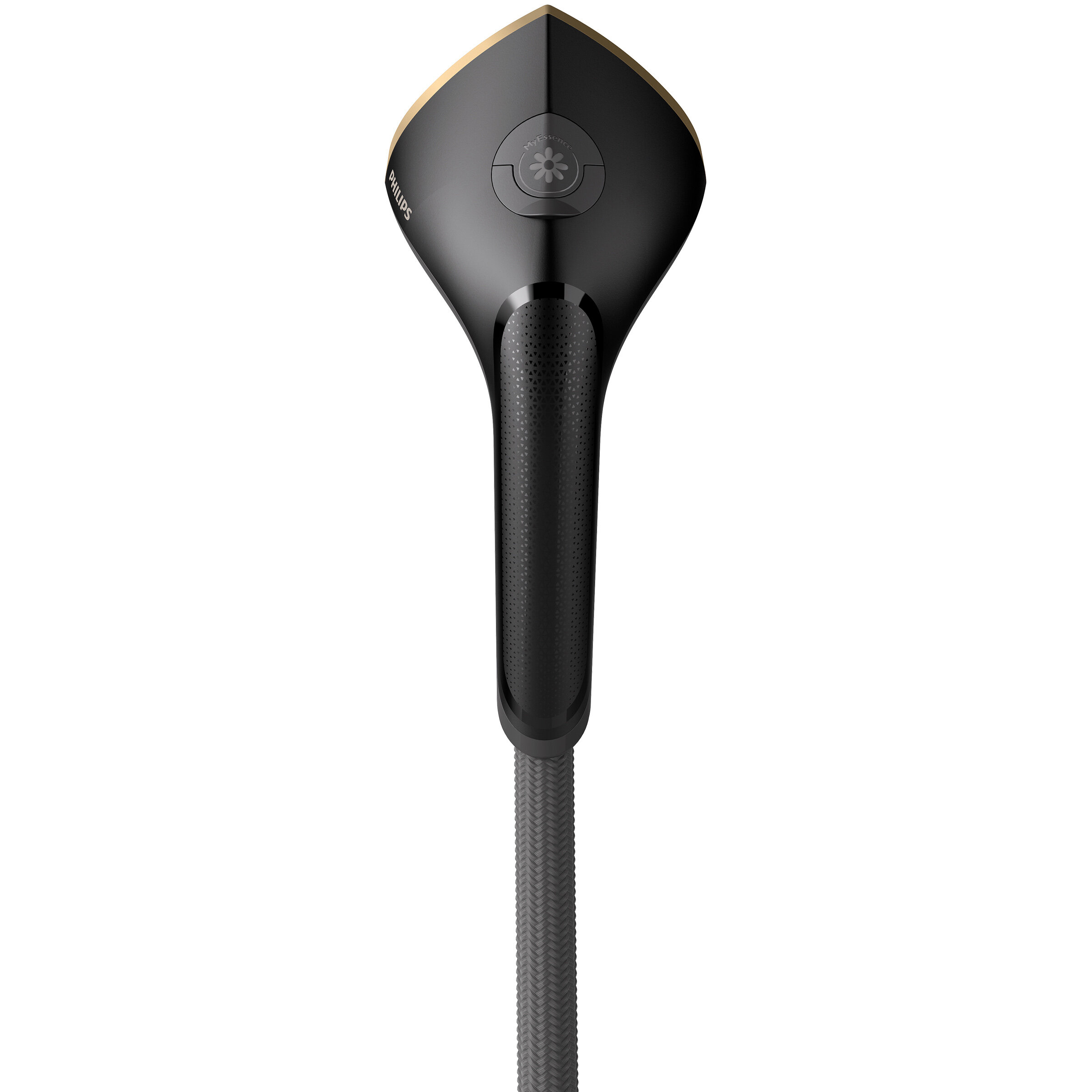 Czarny i złoty parownik ręczny, z długim, szarym przewodem.