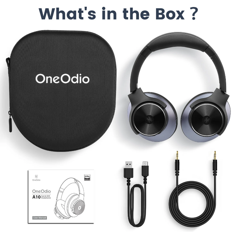 Kopfhörer, Kabel und ein Etui mit dem Text 'What's in the Box?'
