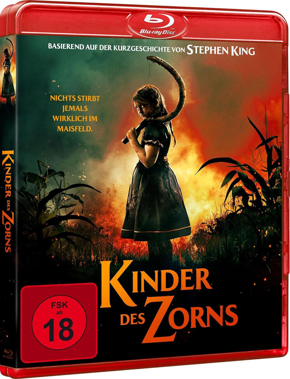 DVD-Hülle für 'Kinder des Zorns'. Ein Mädchen mit Sichel in einem Maisfeld. Rot und Schwarz.