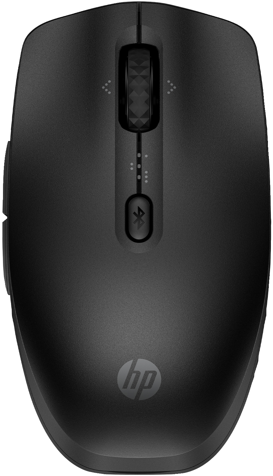 Schwarze Computermaus mit einem Scrollrad und Tasten. Das HP-Logo befindet sich unten.