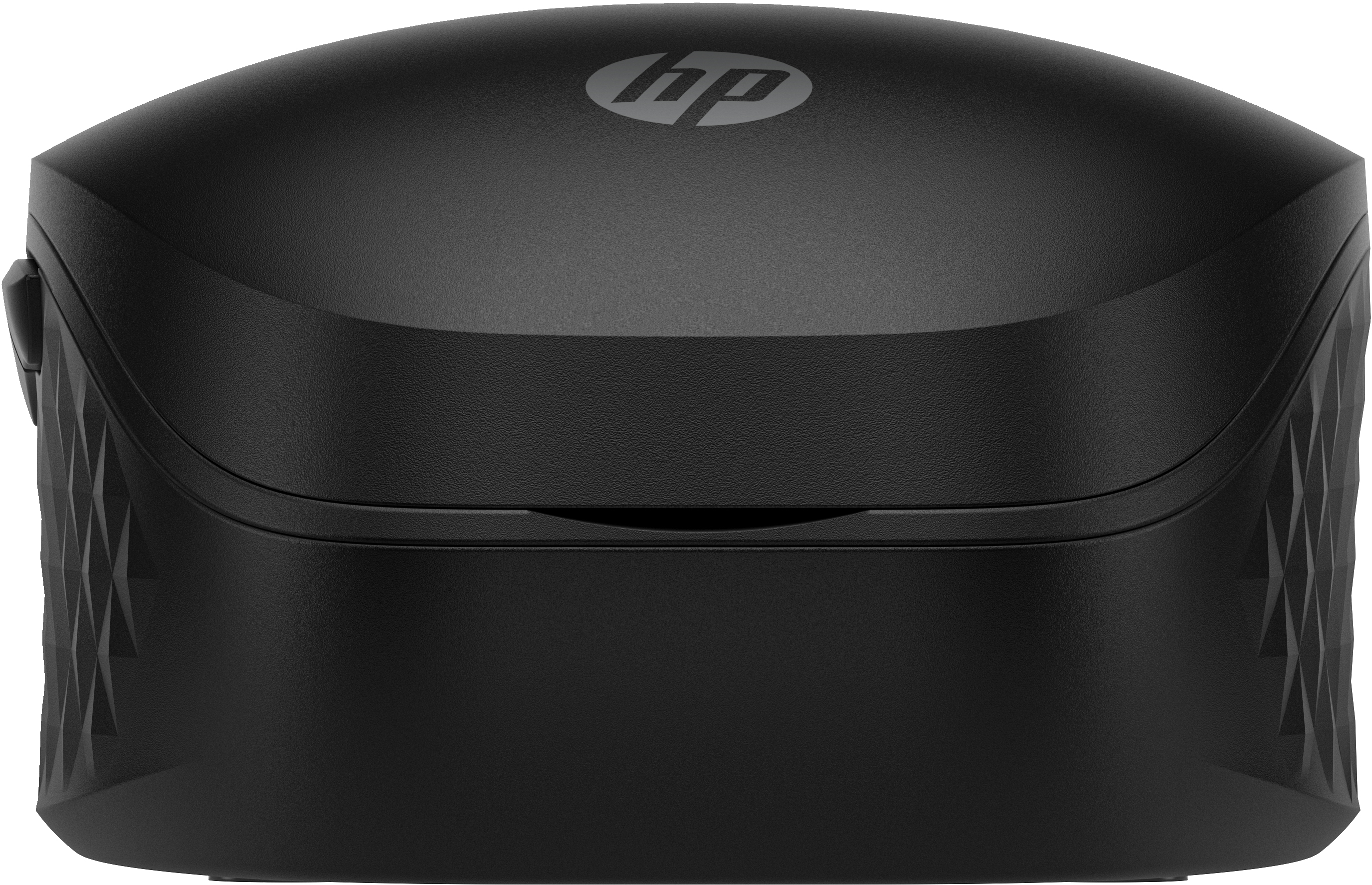 Eine schwarze HP-Ladestation mit abgerundetem Design und einem prominenten HP-Logo oben.