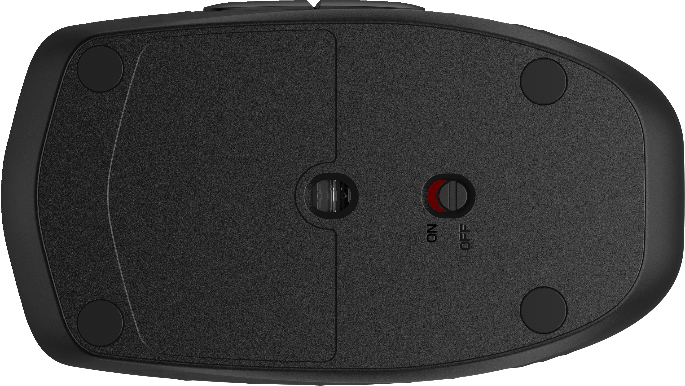 Schwarze Computermaus, Unterseite, zeigt den Ein/Aus-Schalter und das Batteriefach.
