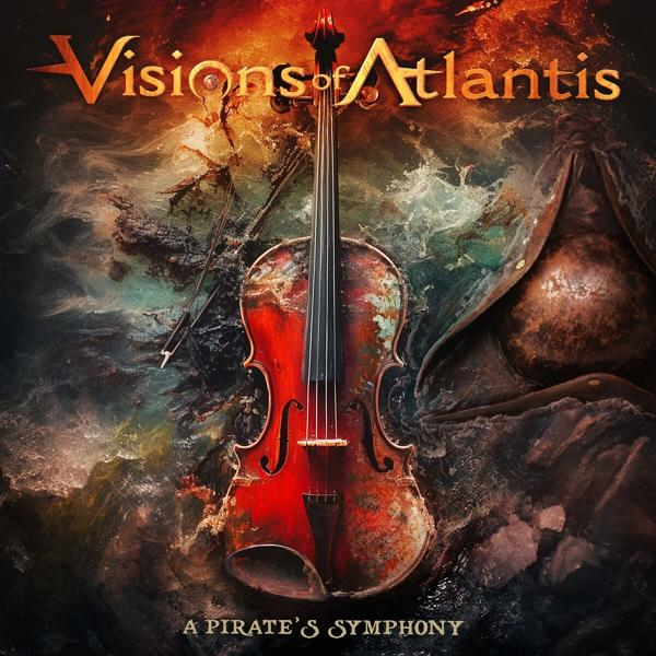 Visions of Atlantis album borítója, hegedűvel, tengeri hullámokkal. Sötét, művészi stílus.
