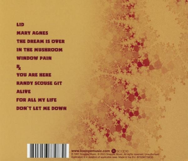 Album-Trackliste auf gelbem Hintergrund mit Fraktalmuster. Barcode unten.