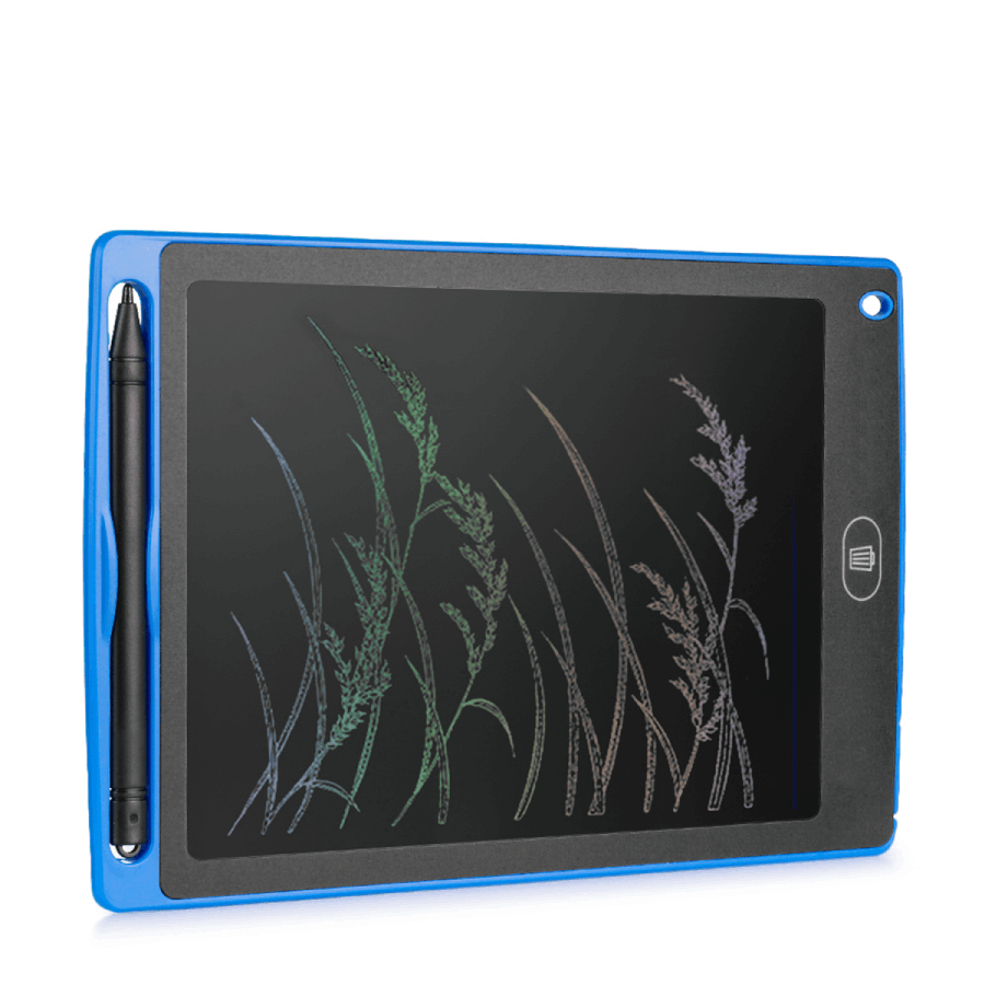 Una tableta de escritura digital azul con una pantalla negra que muestra líneas verdes y marrones. Un bolígrafo negro está en el lateral.