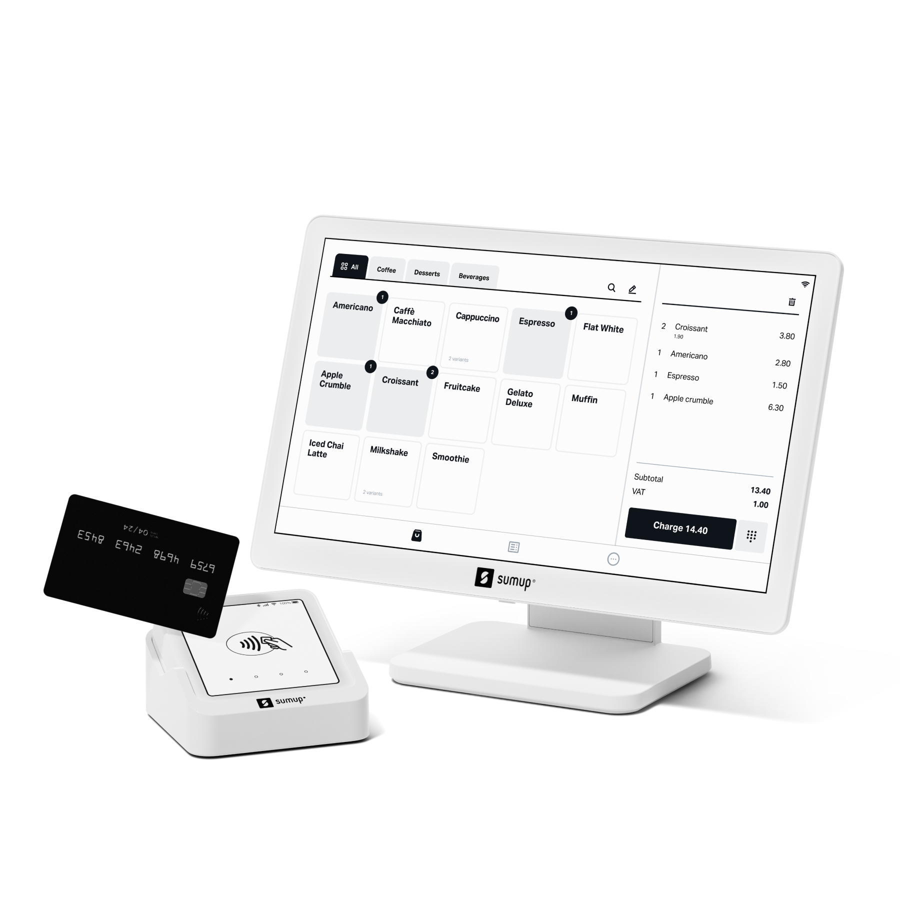 Ein weißes Point-of-Sale-System mit Bildschirm, Kartenleser und Kreditkarte.