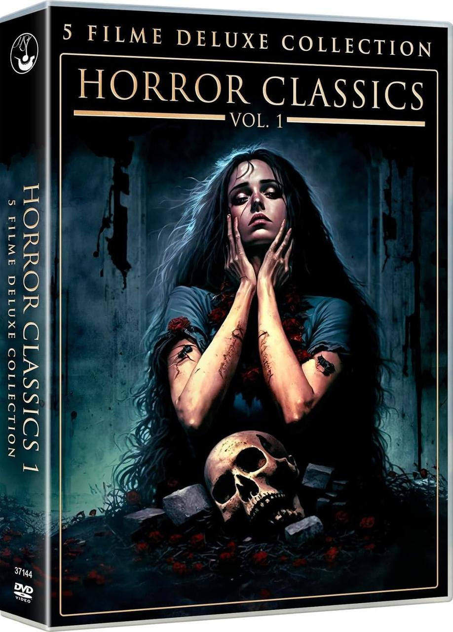 DVD-Cover von Horror Classics Vol. 1. Eine Frau in blauem Kleid mit einem Schädel.