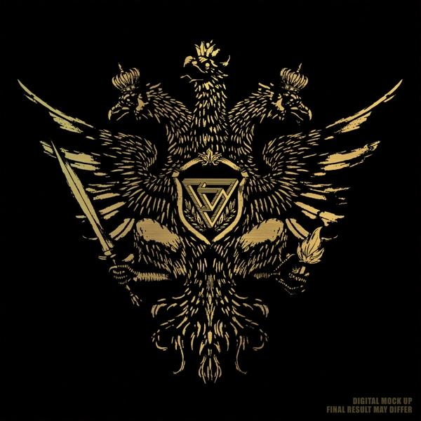 Goldenes Emblem mit drei Adlern, Kronen, Schwertern und Dreieckssymbol auf Schwarz.
