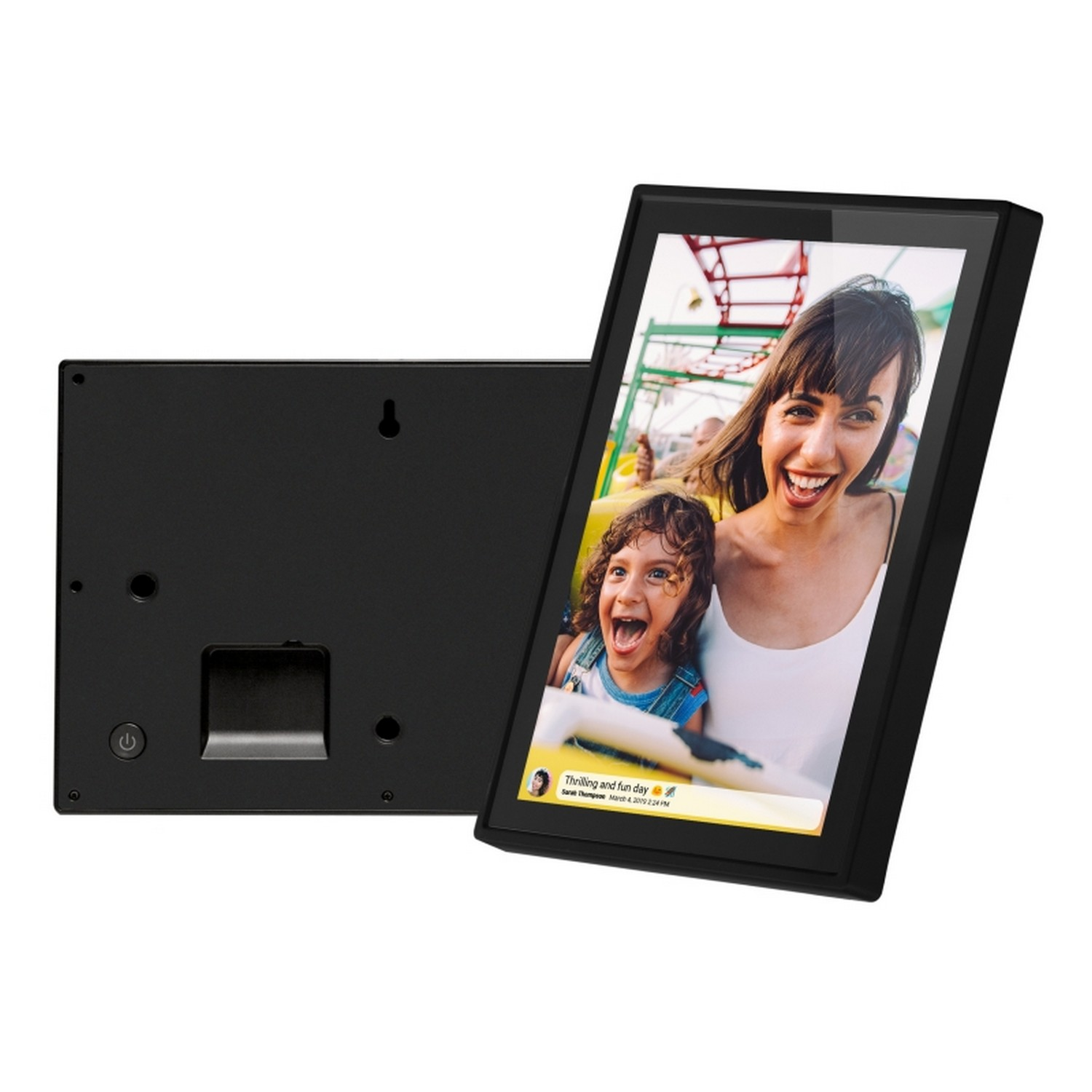 A black digital photo frame displaying a picture of two smiling people.
