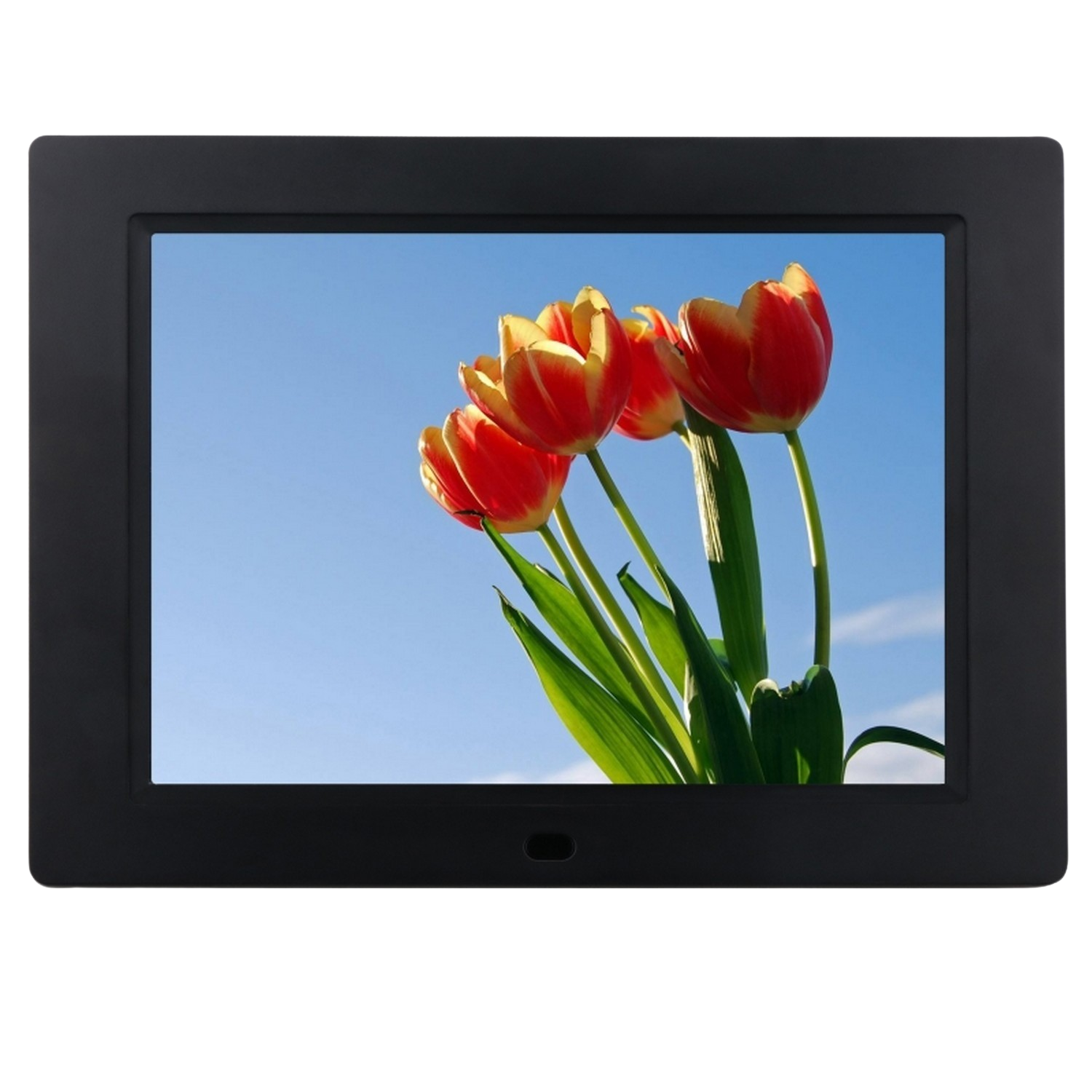 Digitale fotolijst met een foto van rode en gele tulpen tegen een blauwe lucht.
