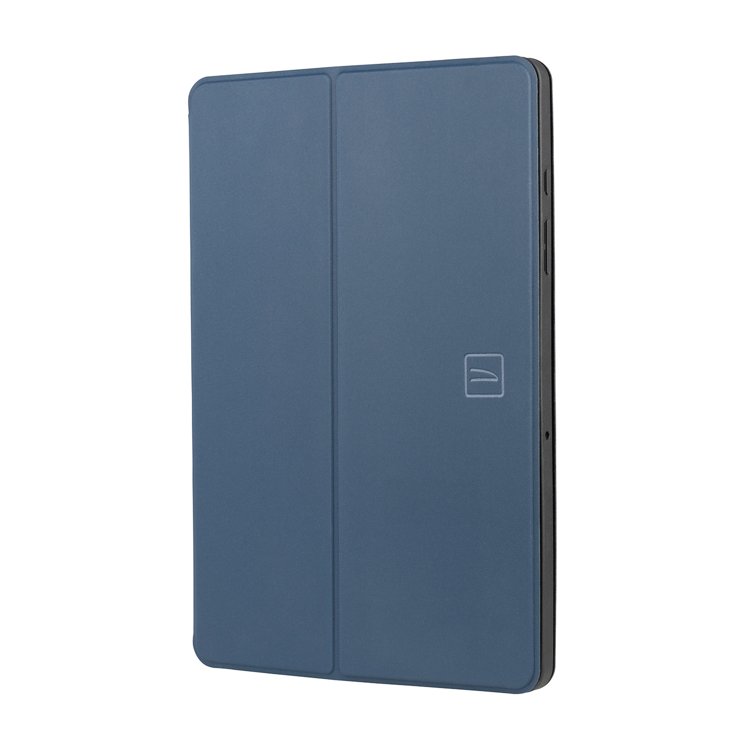 Custodia blu per tablet con logo sul davanti.