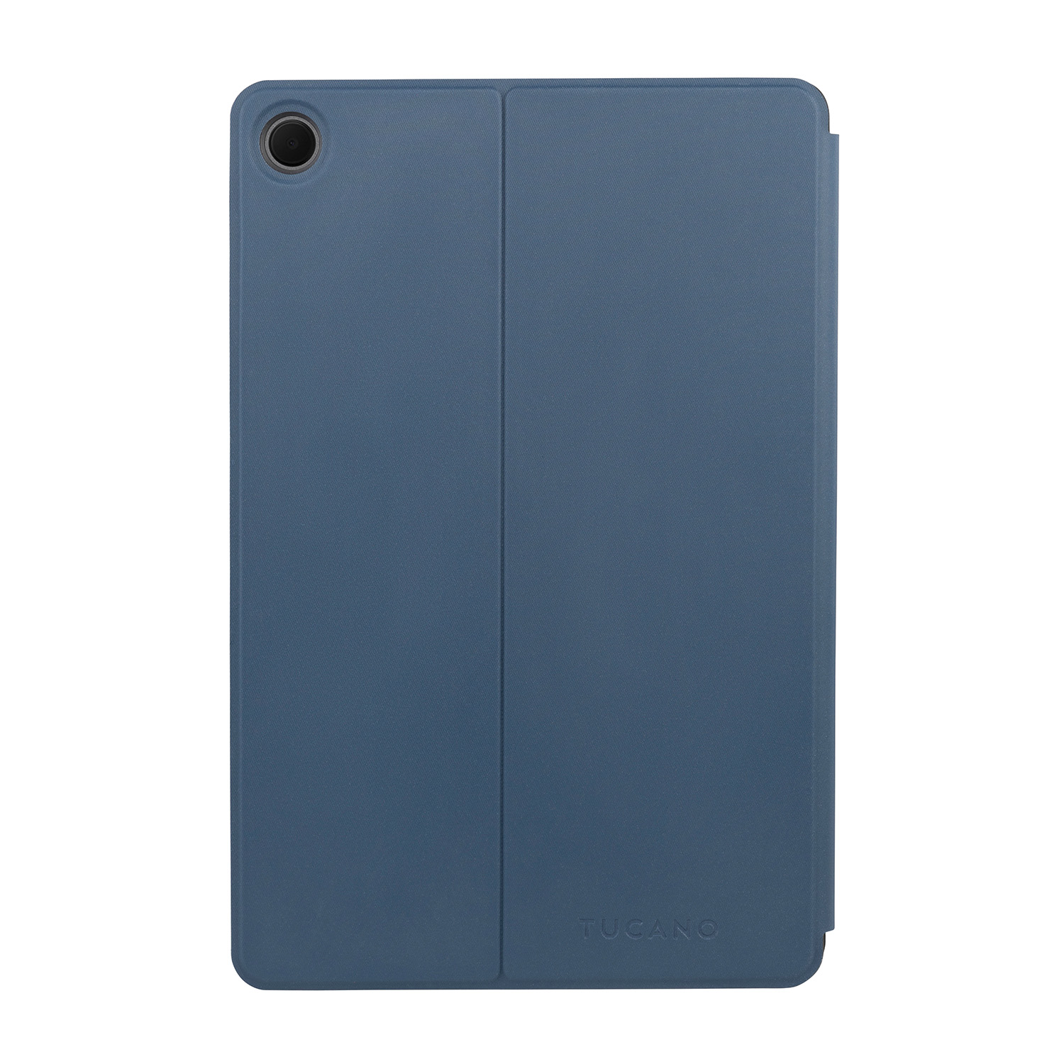 Tablet blu con custodia chiusa. Obiettivo fotocamera in alto a sinistra. Logo Tucano in basso.