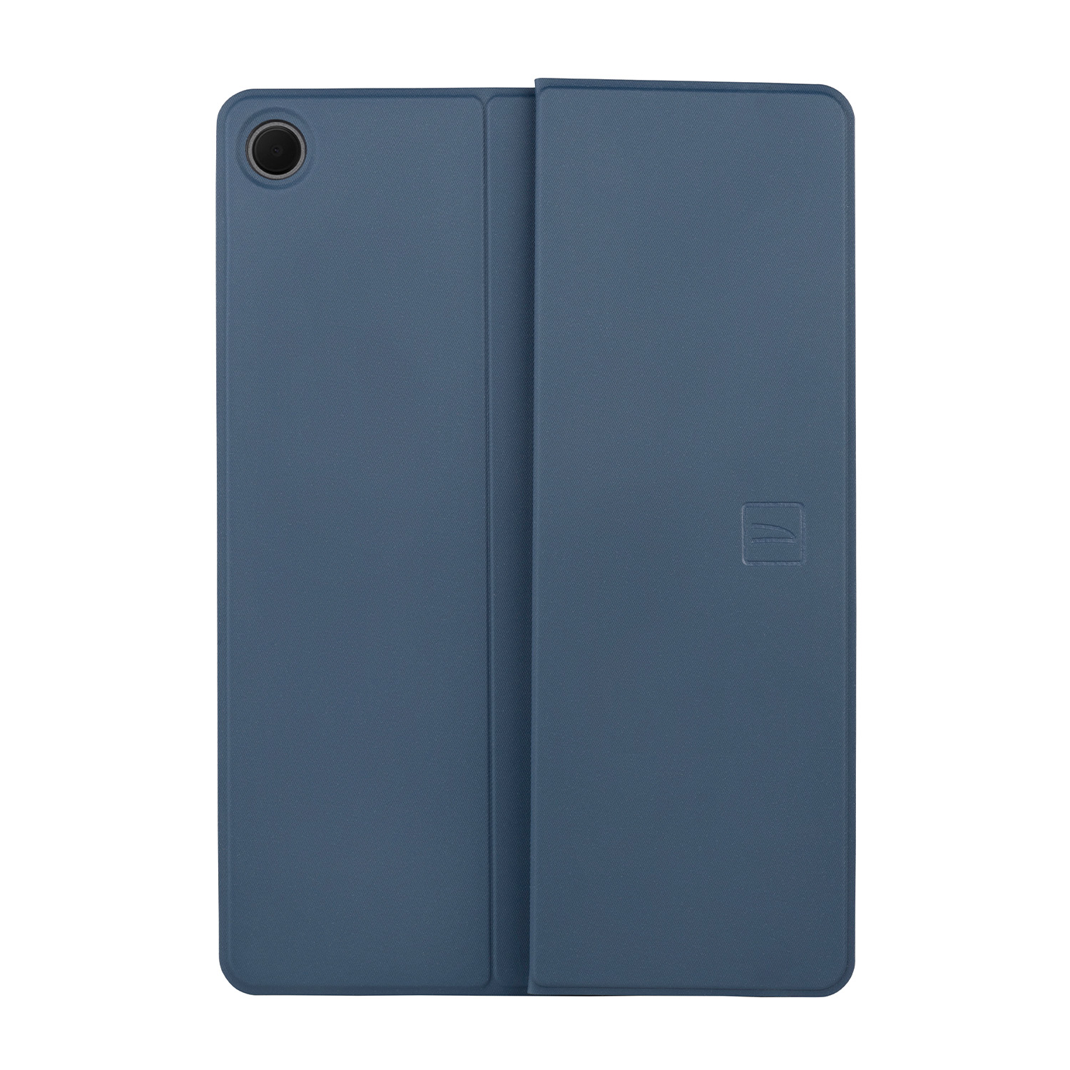Custodia per tablet blu, aperta, che mostra un tablet all'interno e la copertura ripiegata.