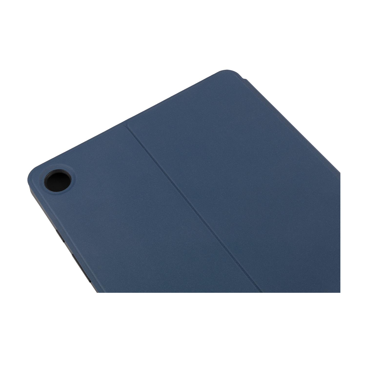Primo piano di una cover blu per tablet. La cover è piegata e angolata verso lo spettatore.