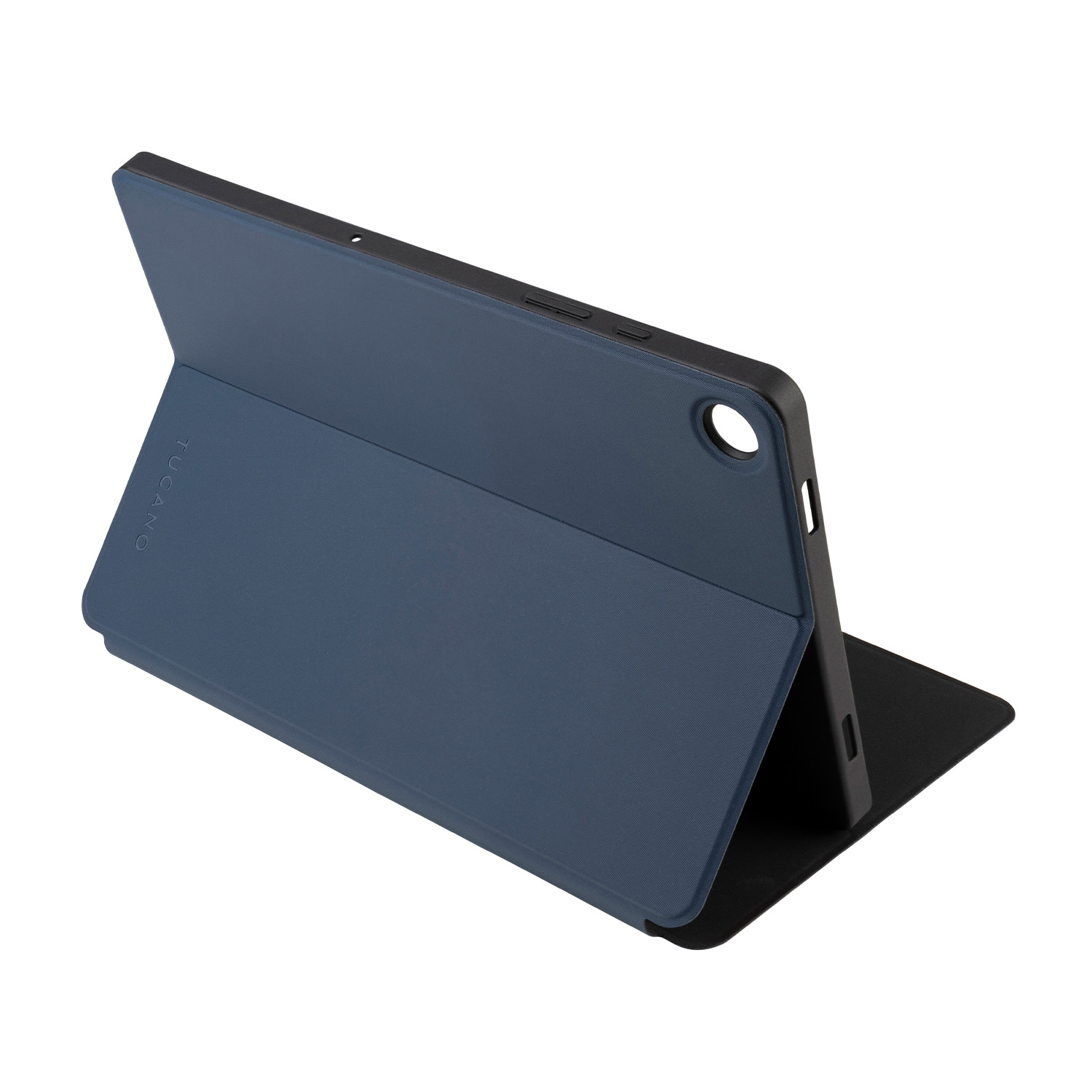 Custodia blu per tablet, aperta per mostrare il tablet, interno nero con il logo TUCANO.