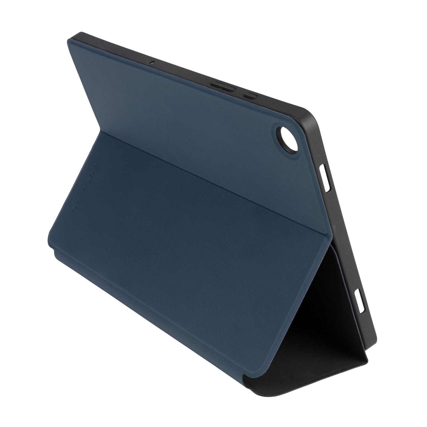 Una custodia per tablet blu, aperta, con bordo nero, su superficie bianca.