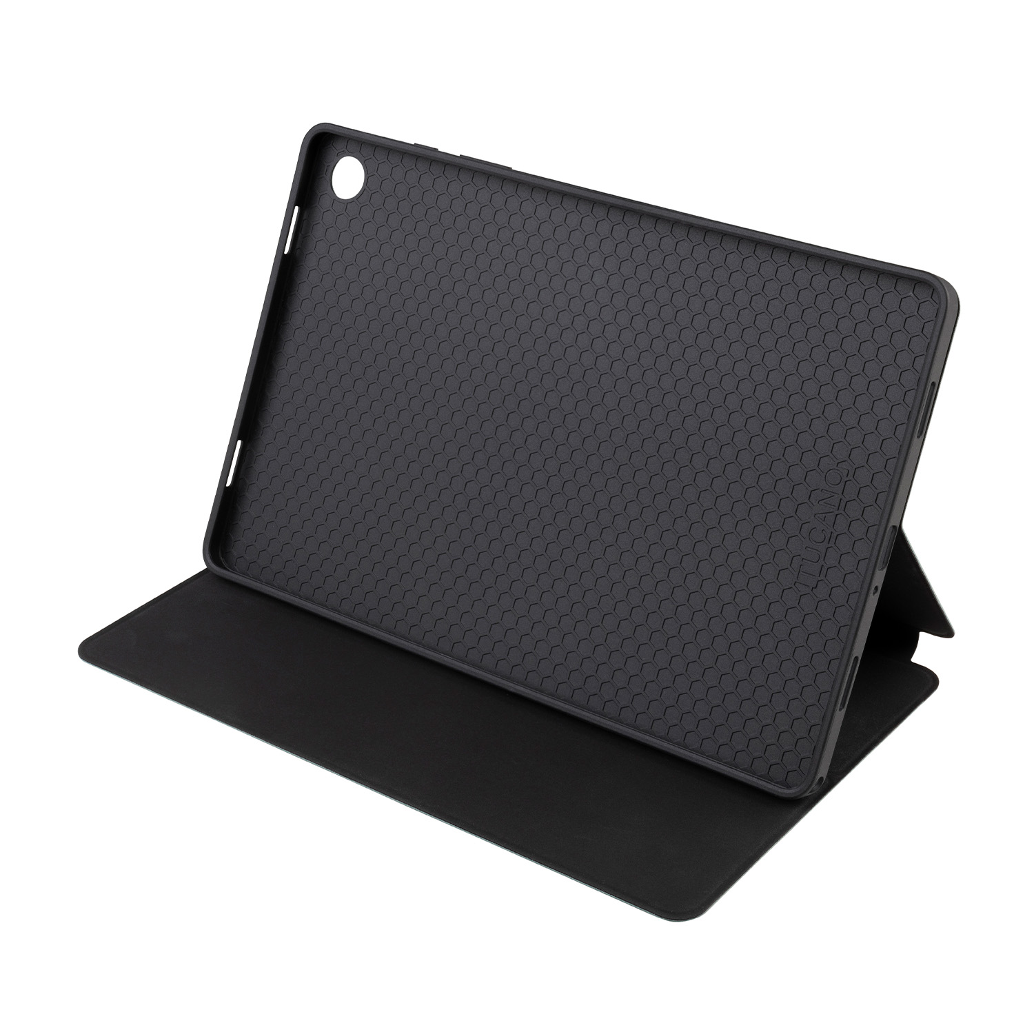 Una custodia per tablet nera aperta, che rivela il retro del tablet con un motivo a nido d'ape.