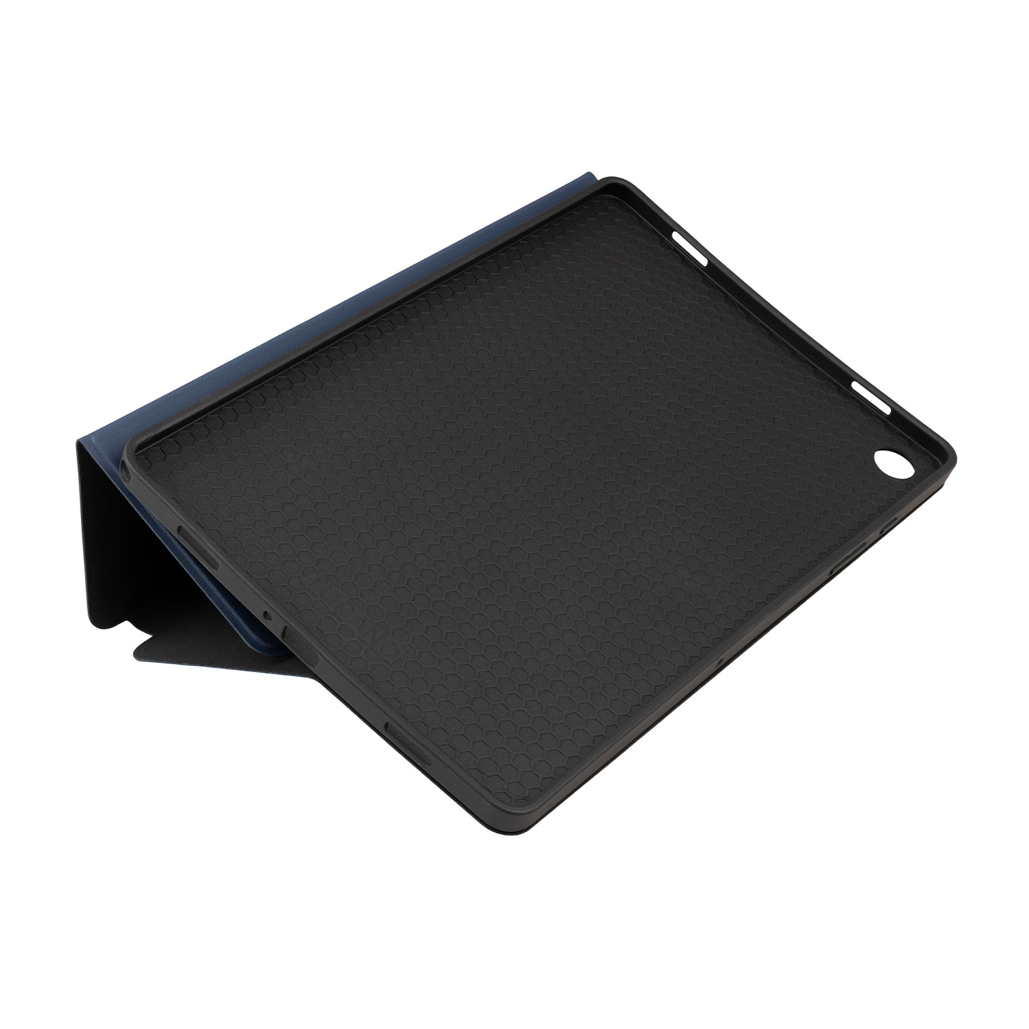 Custodia per tablet blu, aperta, che mostra l'interno con motivo a nido d'ape nero e il tablet.