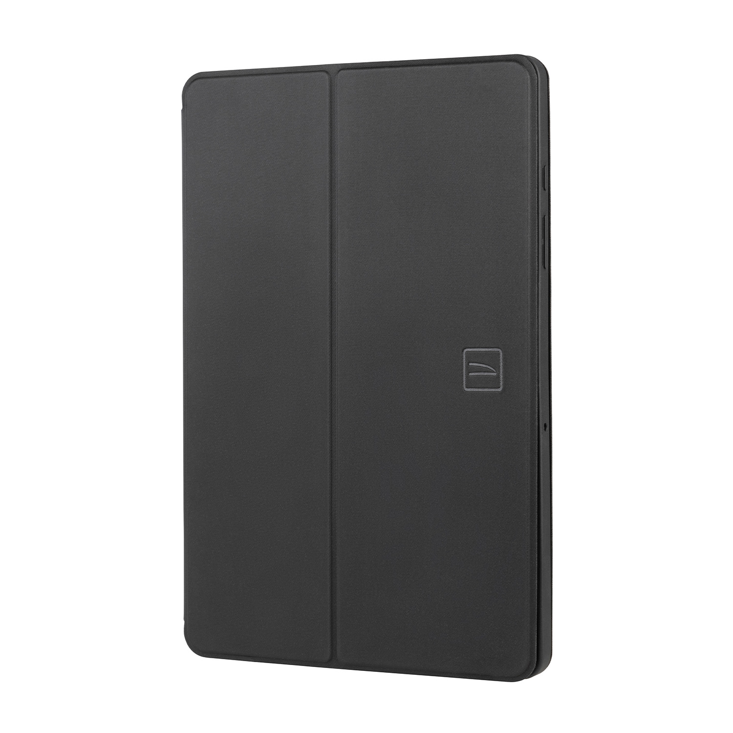 Custodia per tablet nera con chiusura magnetica e logo.