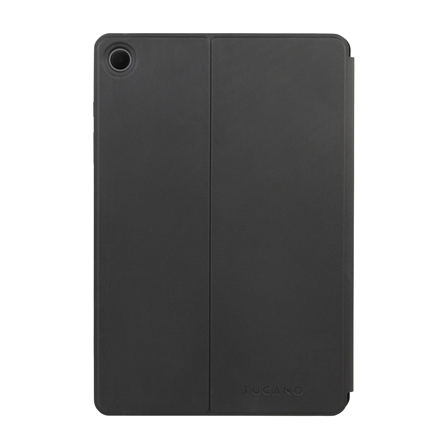 Custodia per tablet nera con una trama in tessuto. Mostra la cover frontale chiusa.