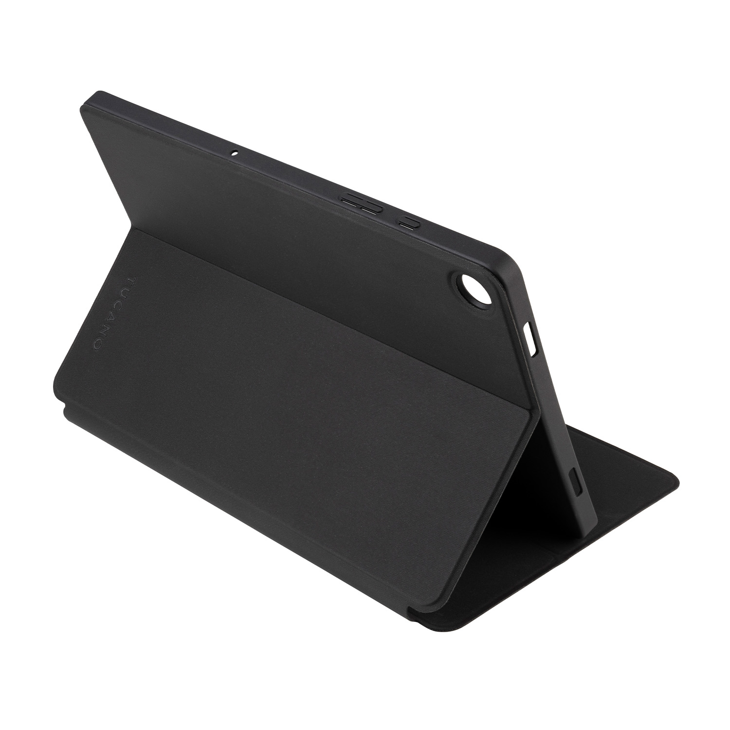 Custodia per tablet nera, aperta. Sfondo nero, vista angolata. Logo TUCANO.