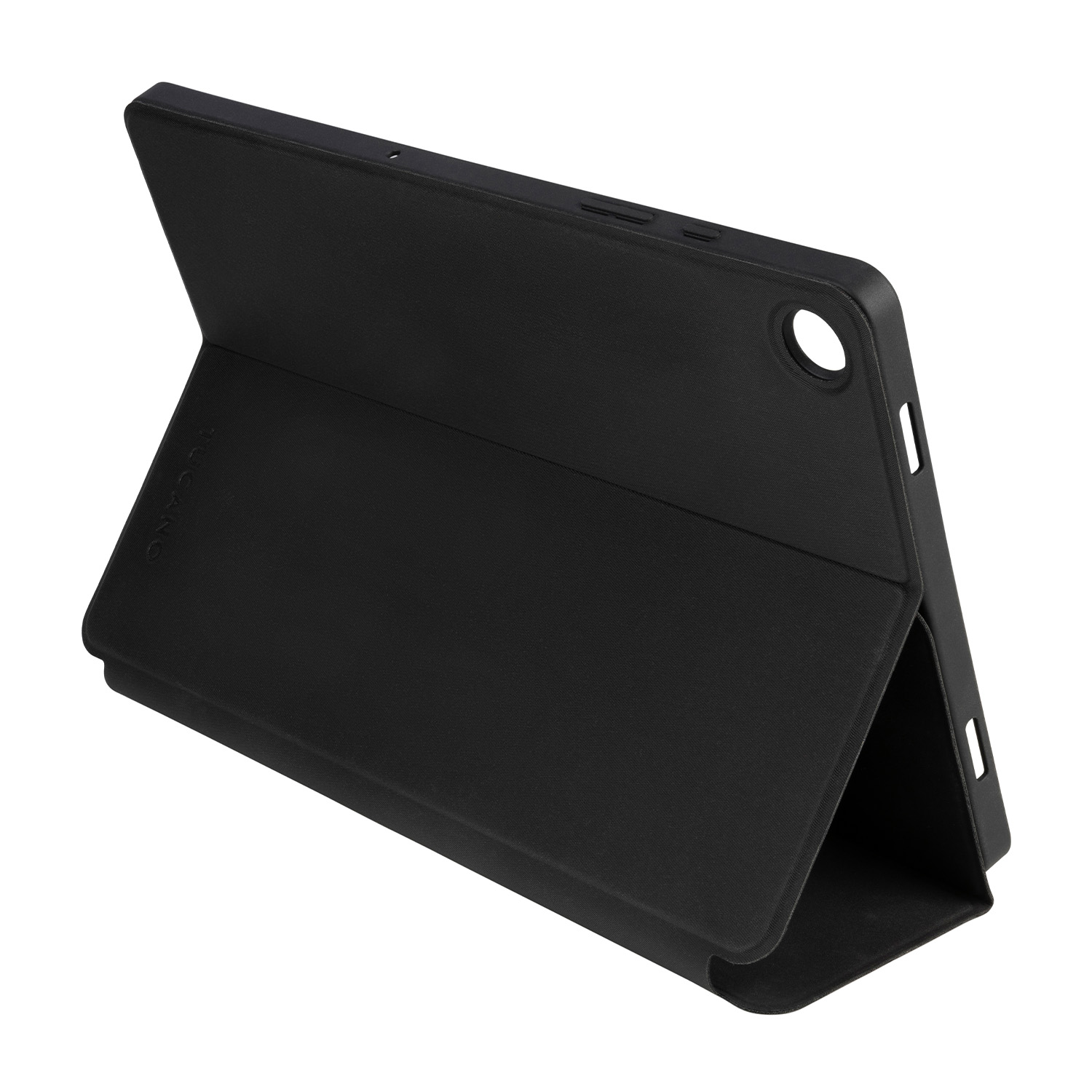 Custodia per tablet nera, aperta, con tablet all'interno, vista angolata, su sfondo bianco.