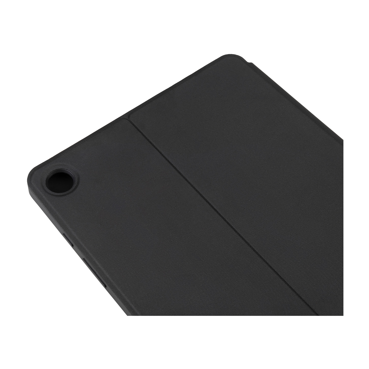 Custodia per tablet nera, vista angolata. La custodia ha una superficie strutturata e un foro per la fotocamera.