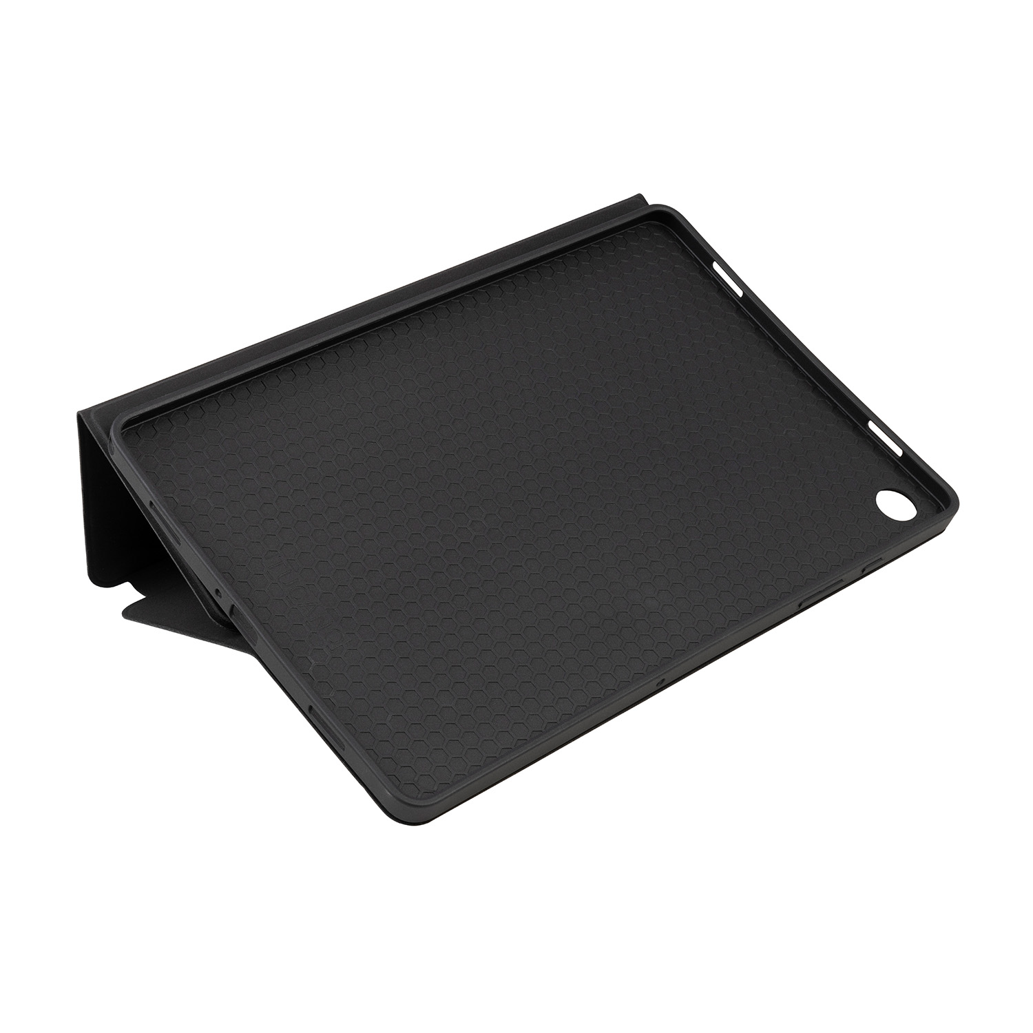 Custodia per tablet nera, aperta e angolata, che mostra l'interno. Texture a nido d'ape nera.
