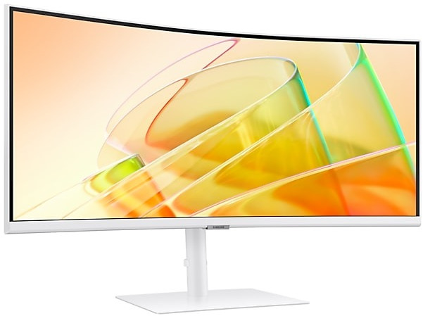 White curved computer monitor. White stand with a yellow and orange background.