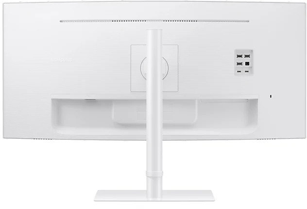 Rear of a white monitor, showing the stand and ports. White background.