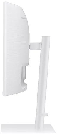 Side view of a white computer monitor on a stand. White background.