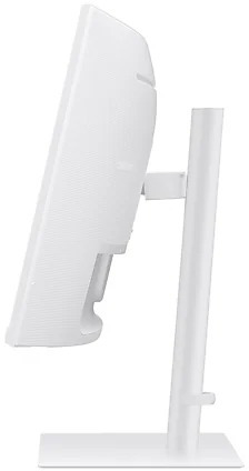 A side view of a white monitor with a stand, showing the screen and the supporting structure.